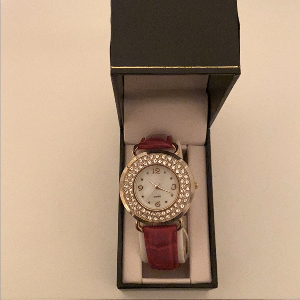 Red Leather Watch with Diamonds